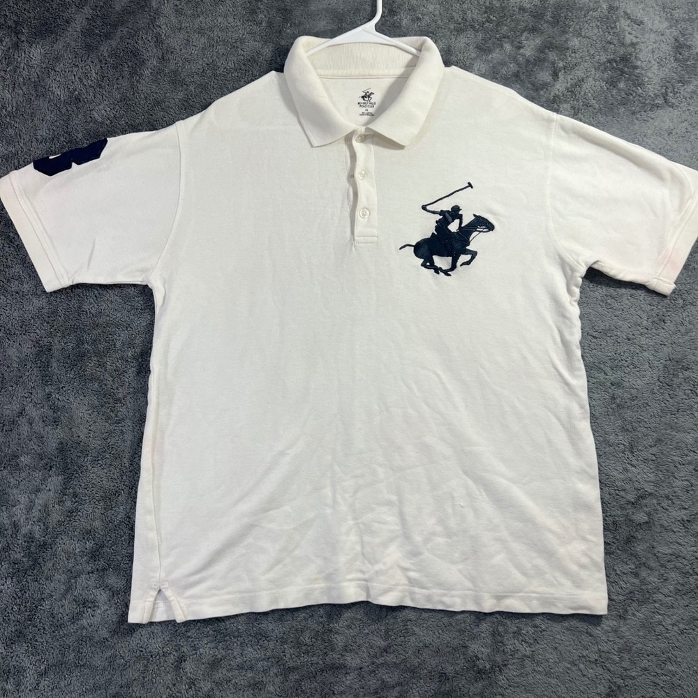Beverly Hills Polo Club Mens XL White Short Sleeve Big Logo Polo Shirt Cotton